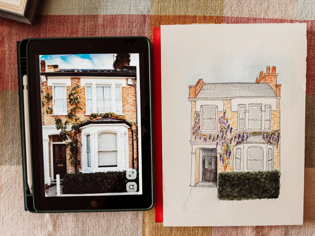 Handpainted watercolour house portrait showing a terraced home with flowers, personalised gift idea
