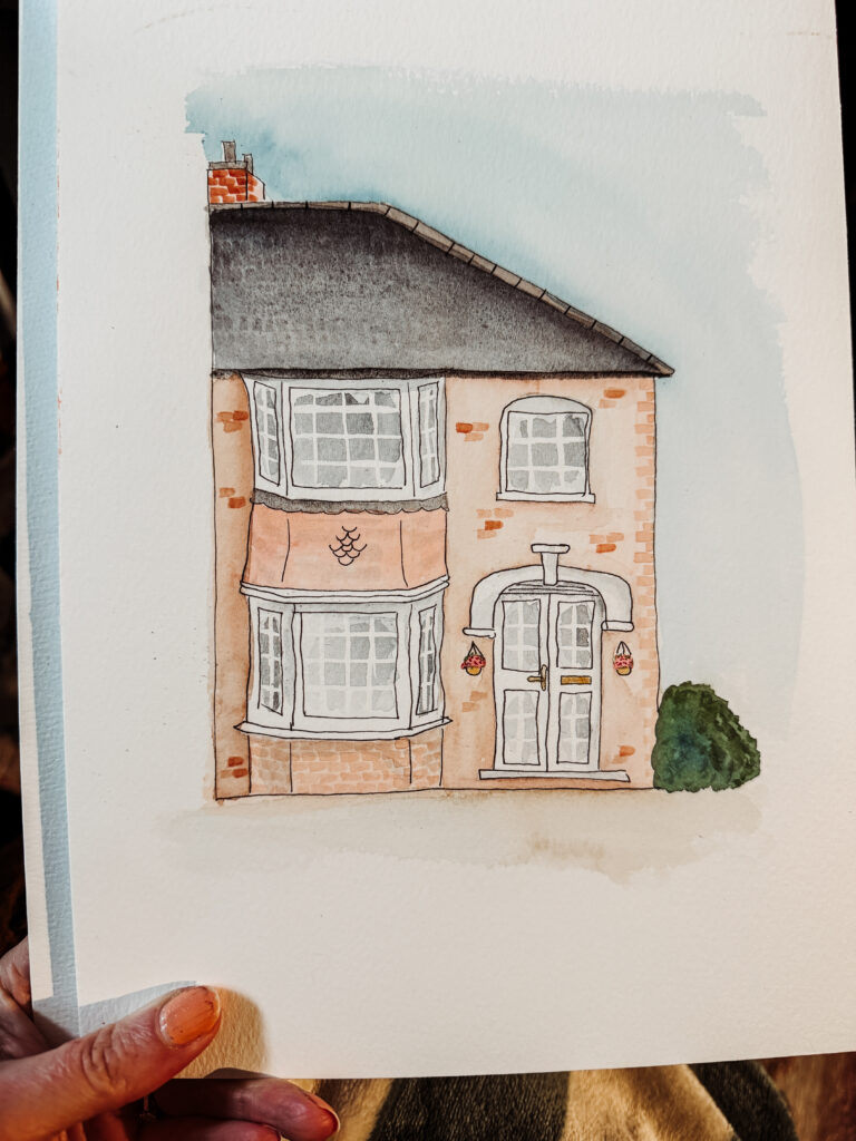 Custom watercolour house portrait of a red brick family home, hand-painted by A Little Painted Hello
