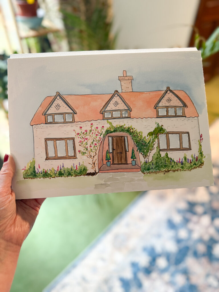 Original hand-painted watercolour painting of a detached house with garden, custom home portrait
